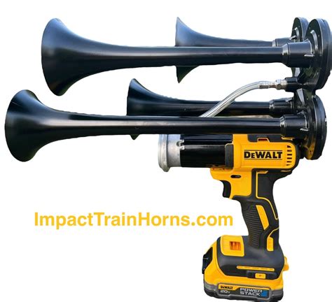 Impact train horns - Item added to your cart. Just do it with our Impact Train Horn Kit with 4 Trumpets! We included all necessary for building extremely loud cordless horn from your impact tool. Most brand tool perfect fits our compressor and horns to build it yourself.